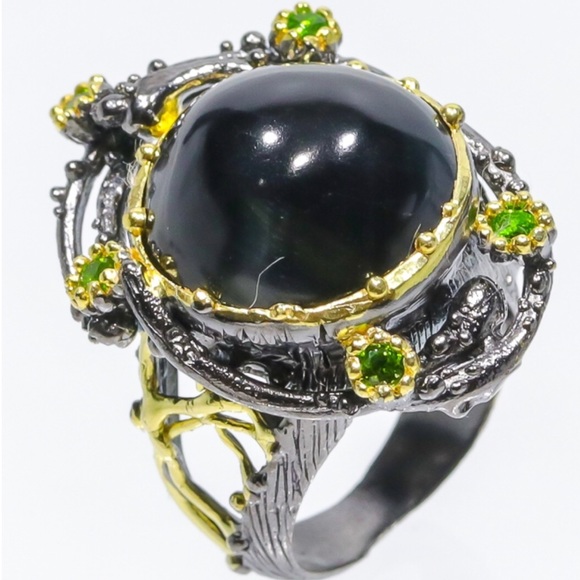 Artist created, stamped 925 Jewelry - Genuine Tiger Eye Chrome Diopside Ring